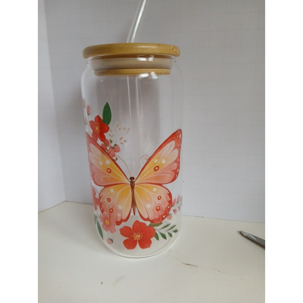 Orange Butterfly Glass 16oz Tumbler